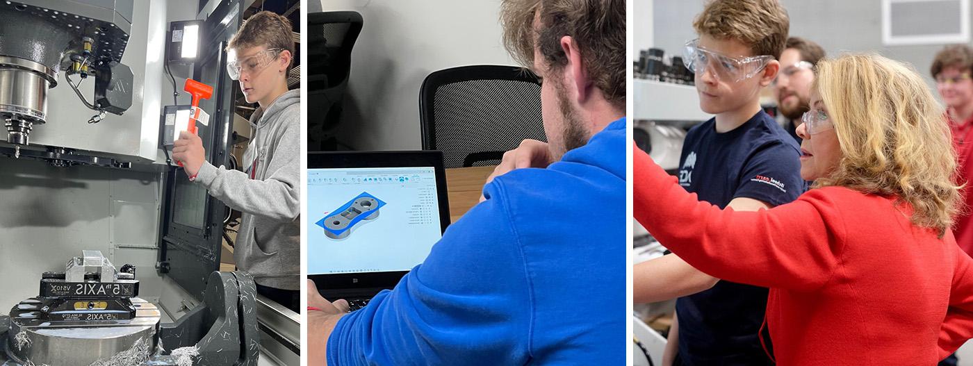 三幅图:成人和学生，学生在电脑上设计，学生在机器上工作.